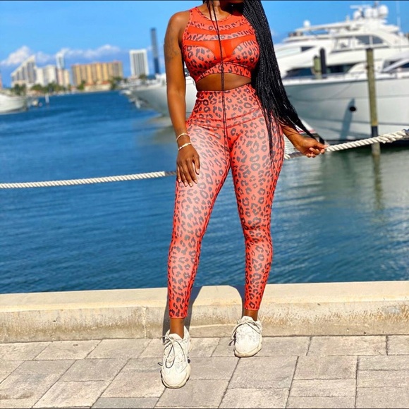 Red Cheetah Print Two Piece Workout Set - Picture 1 of 3